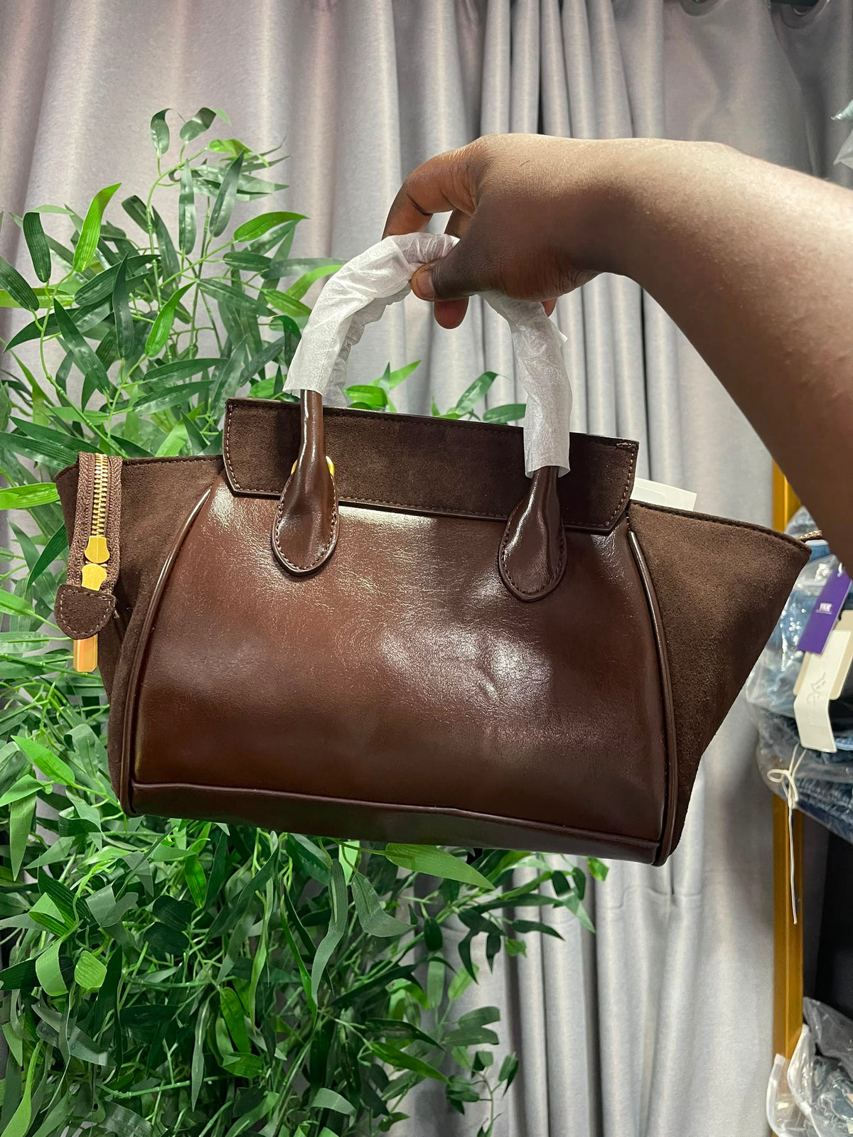 Brown and nude handbag with long straps